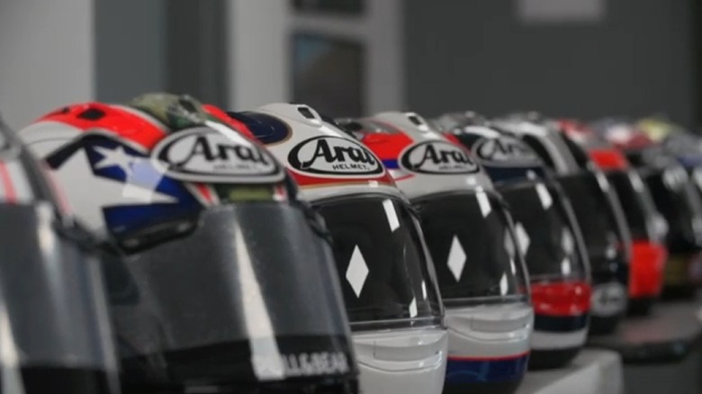 A display of Arai motorcycle helmets presented during the Corsair-X launch video.
