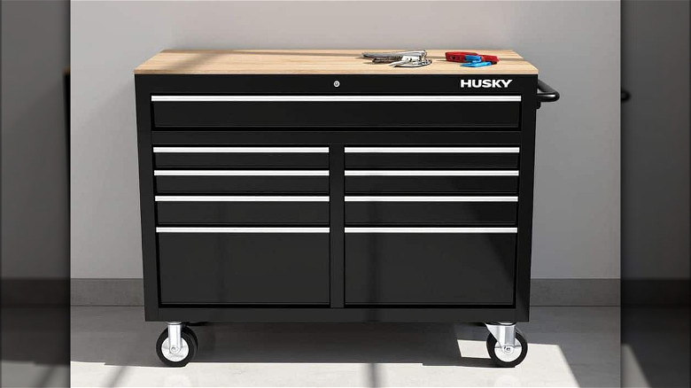 The Husky 9-Drawer Mobile Workbench Cabinet against a white wall.