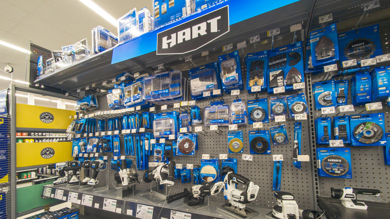A display of Hart tools inside a Walmart.