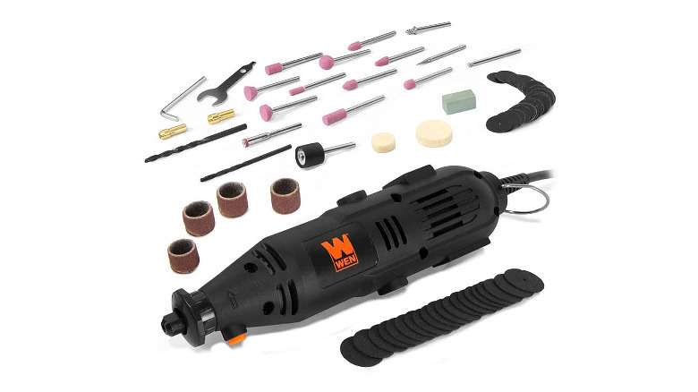 A corded Wen rotary tool with many accessories in the background.