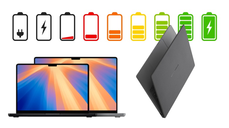 Apple MacBook Pro and ASUS Zenbook A14 in front of battery icons