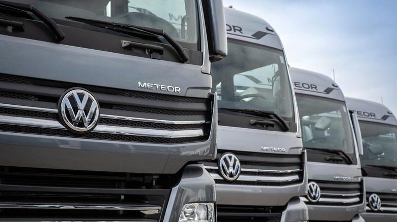 Close-up of logos on Volkswagen Meteor semi-trucks