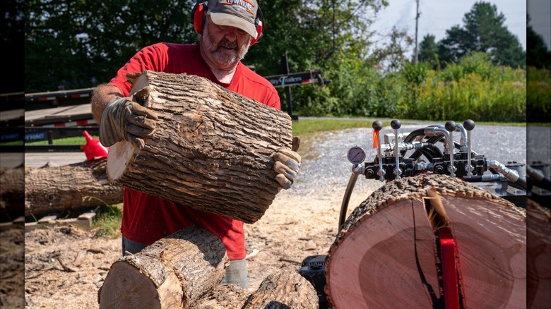 Person using a red hydraulic log splitter