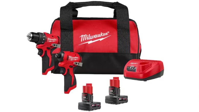Milwaukee M12 12-Volt Lithium-Ion Brushless Cordless Subcompact Drill and Impact Driver combination tool kit and bag against white background.