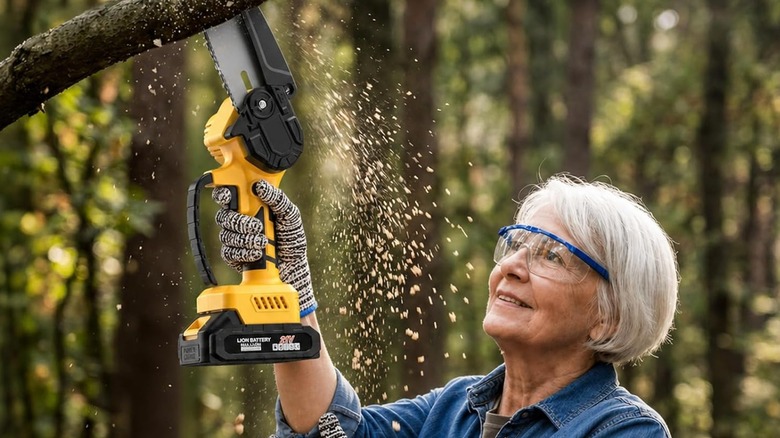 A person using a LCOIEDU chainsaw on a branch