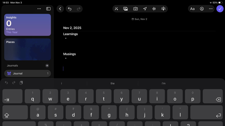 Journal app on an iPad running iPadOS 26.