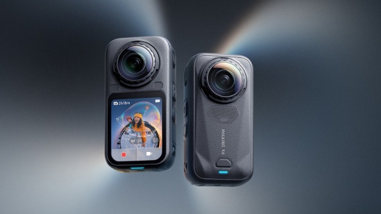 Insta360 X6 Action Camera front and back on gray background