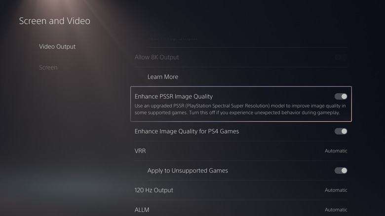Screen and Video settings window on PS5