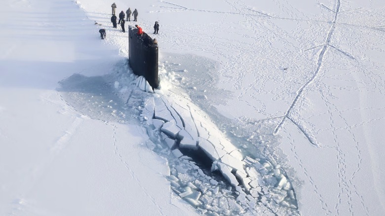 U.S. nuclear-powered submarine breaking through ice