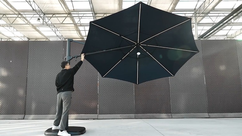 allen + roth 11-ft Aluminum Navy Slide-tilt Cantilever Patio Umbrella with Lights with Base