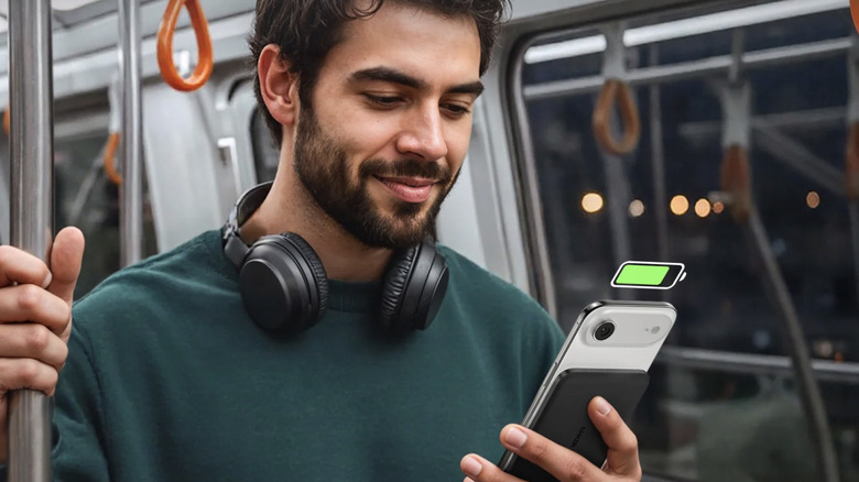 A man on a subway holding his smart phone with an Anker power bank wirelessly attached