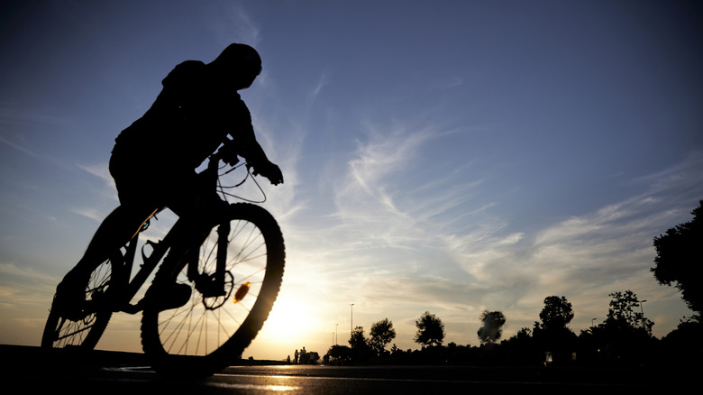 Cyclist silhouetted against background.