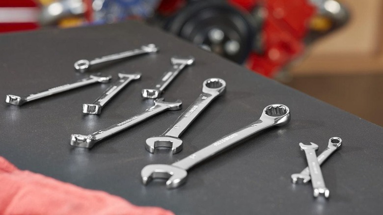 A set of wrenches on display