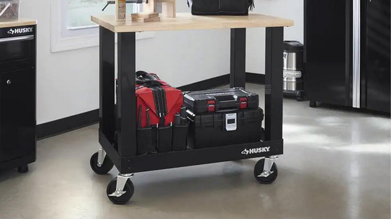 husky workbench in garage
