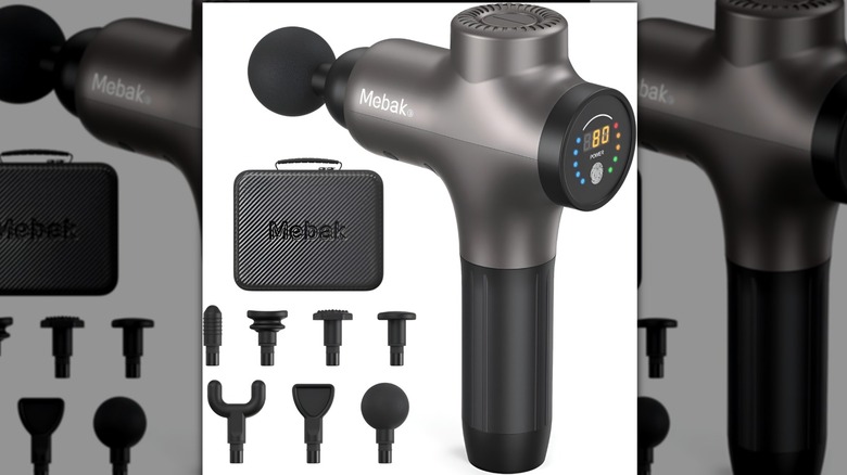 Mebak massage gun and accessories on white background