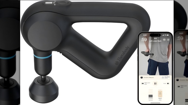 TheraGun Prime massage gun and phone with TheraBody app