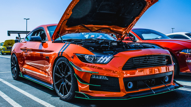 Orange Mustang GT hood open