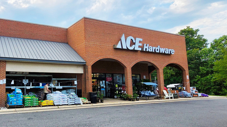An Ace Hardware storefront, some garden supplies left on the pavement.