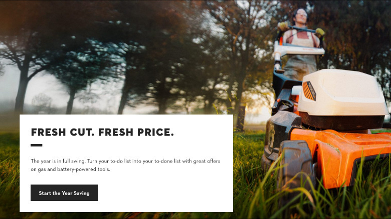 Stihl Tools promotional image of a person using a lawn mower with text overalyed.