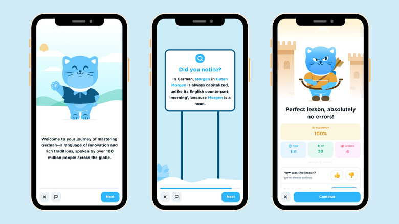 Image of three smartphone screens showing screenshots from Airlearn app