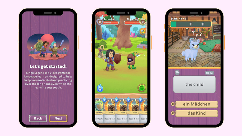 Image of three smartphone screens showing screenshots from Lingo Legend