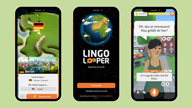 Image of three smartphone screens showing screenshots from LingoLooper app