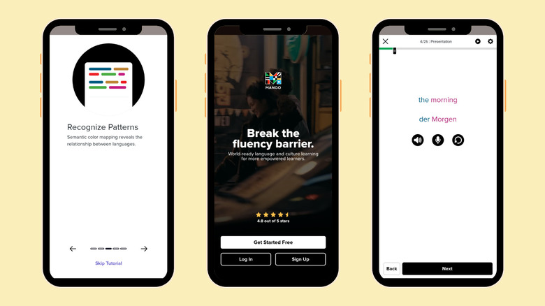 Image of three smartphone screens showing screenshots from Mango app