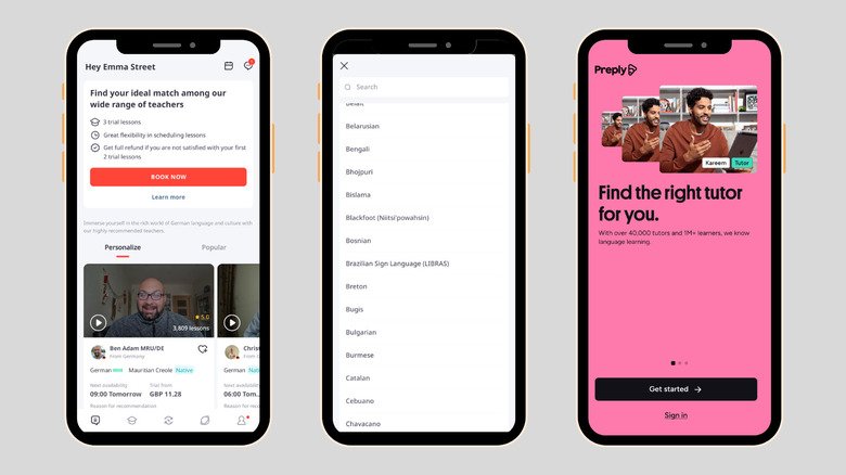 Image of three smartphone screens showing screenshots from italki and Preply apps