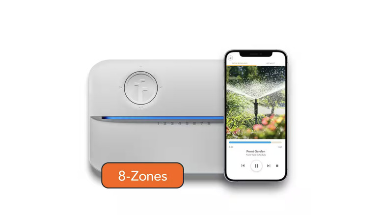 Rachio 3  8-zone controller next to smartphone displaying app