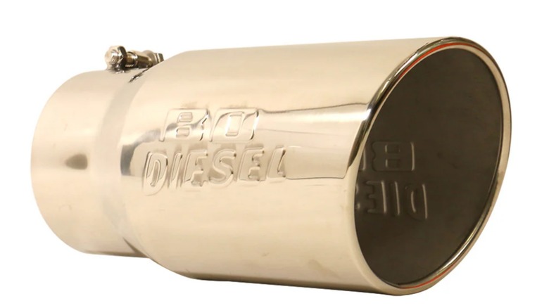 An aftermarket 5-inch 5.9 cummins exhaust tip