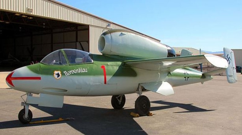 Heinkel He 162A-1 parked in front of Hangar