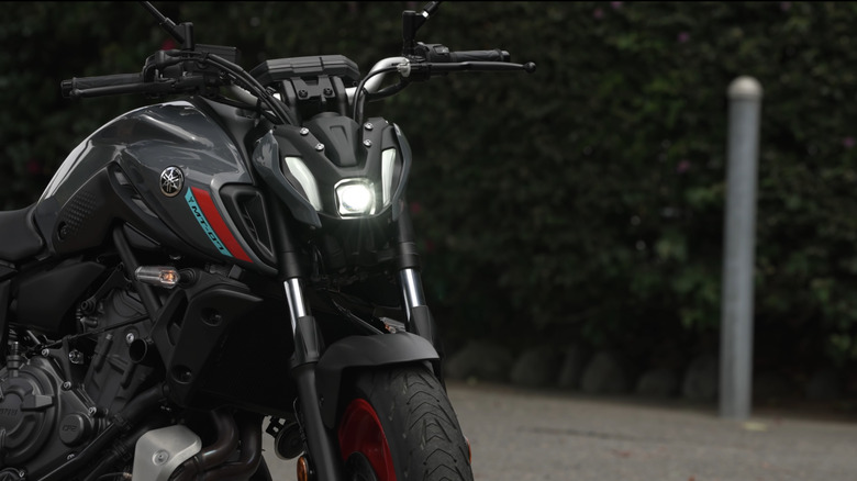 The front of a 2021 Yamaha MT-07 motorcycle in black