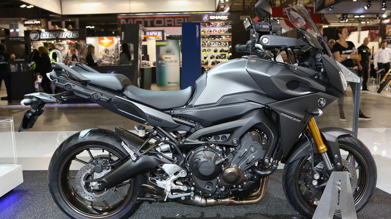 YAMAHA MT model MT-09 Tracer is displayed at YAMAHA booth during the EICMA 2014