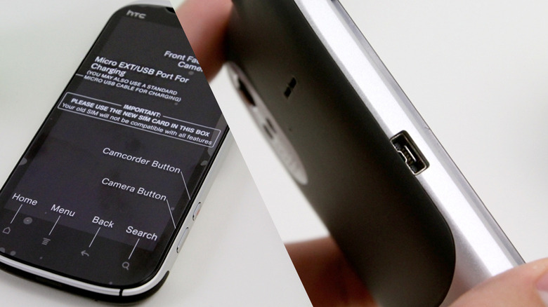 The HTC Dream phone and ExtUSB charging port.