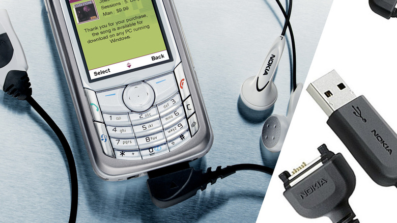 A Nokia phone along with a Pop-Port cable.