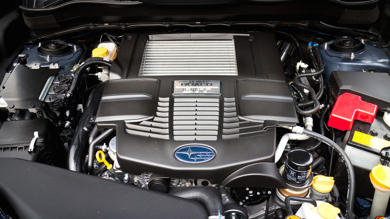 A close-up of a Subaru Boxer engine bay.