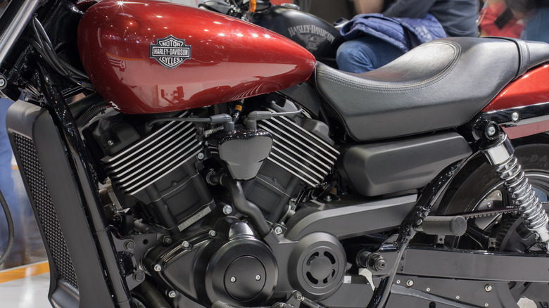 Close up of liquid cooled Revolution X V-twin engine of motorcycle H-D Street 750