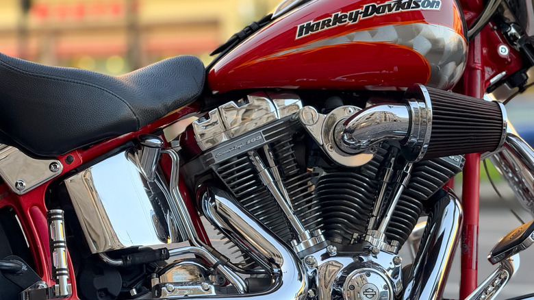 Closeup of a red Harley-Davidson Screaming Eagle with a look at its engine
