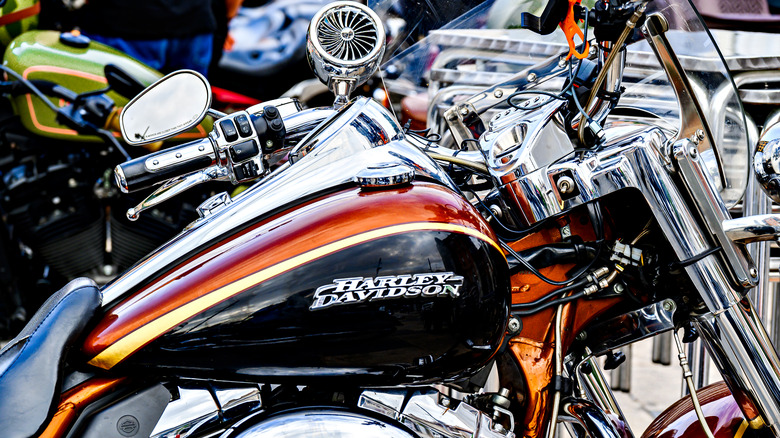 Exhibition of Harley Davidson motorcycles parked in the town square