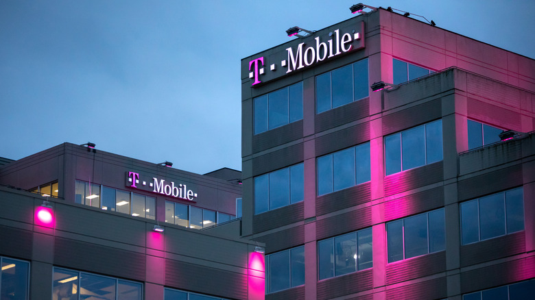 T-Mobile building lit up in magenta lighting