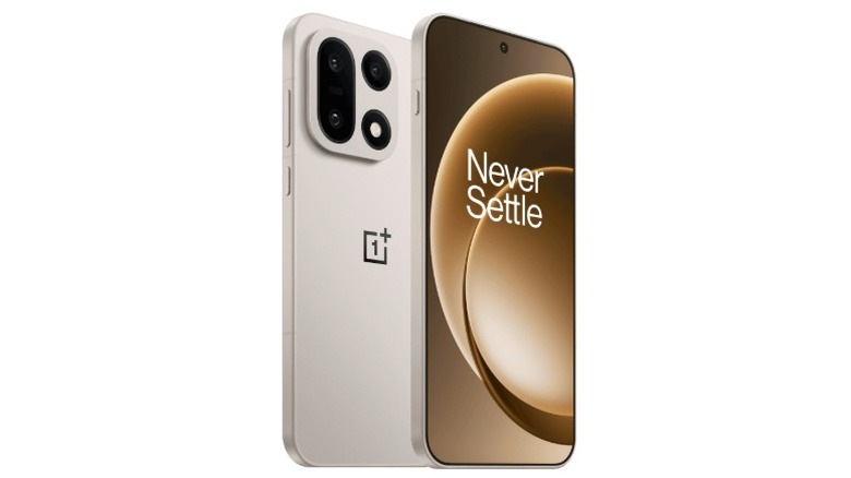 Two silver OnePlus 15 smartphones on a white background showing the front and rear of the device