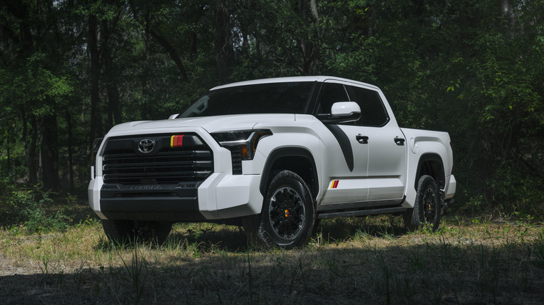 A white Toyota Tundra TRD parked in a forest clearing
