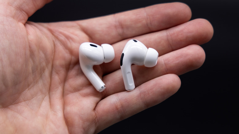 A person holding AirPods in their hand.