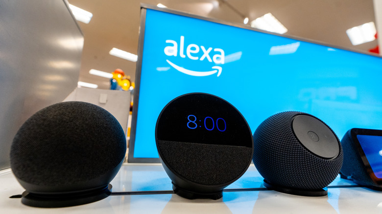 A product shelf with Alexa equipped devices available for sale