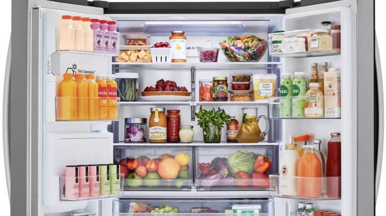 Close-up of the interior of an LG stainless steel French door refrigerator
