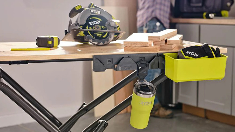 Ryobi Tumbler hanging from workstation