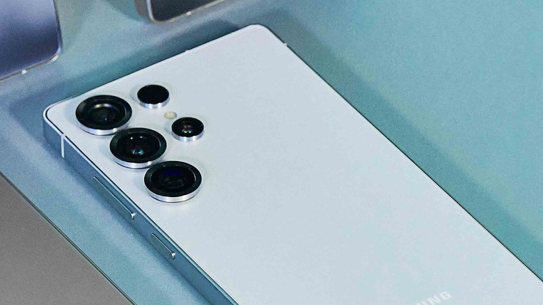 Rear of a Samsung Galaxy S25 Ultra set on a surface.