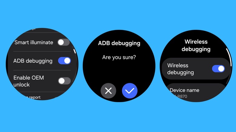 Turning on ADB Debugging and Wireless Debugging options on a Galaxy Watch