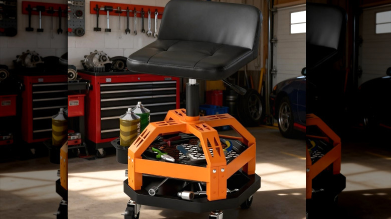 The BlackTeck Heavy-Duty Adjustable Shop Stool in a garage.