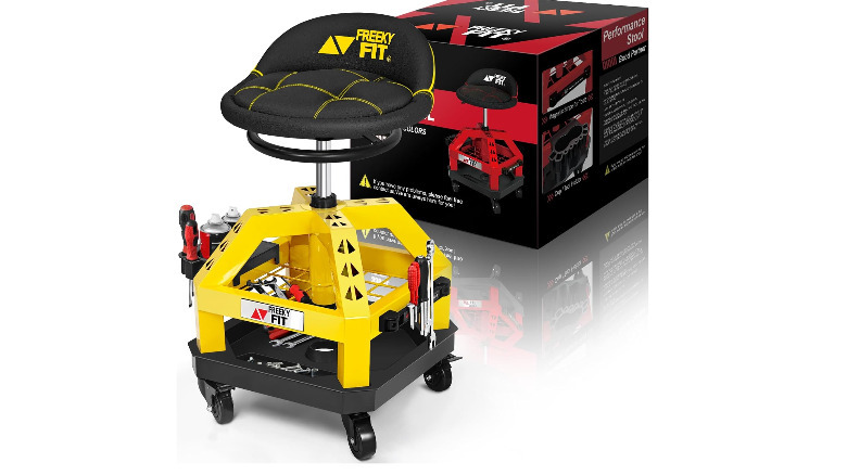 The FreekyFit Rolling Shop Stool next to its box on a white background.